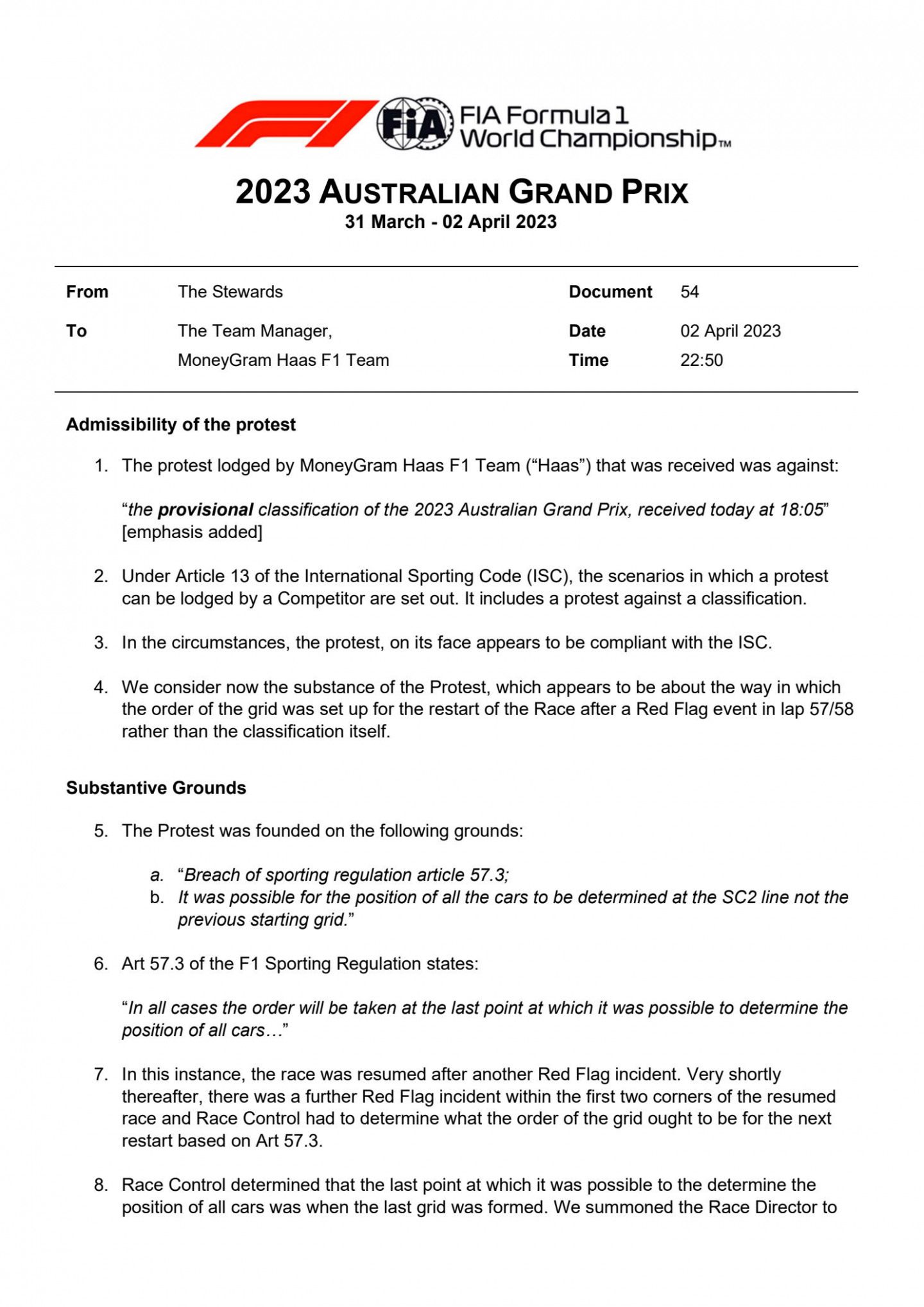 Вердикт стюардов © FIA
