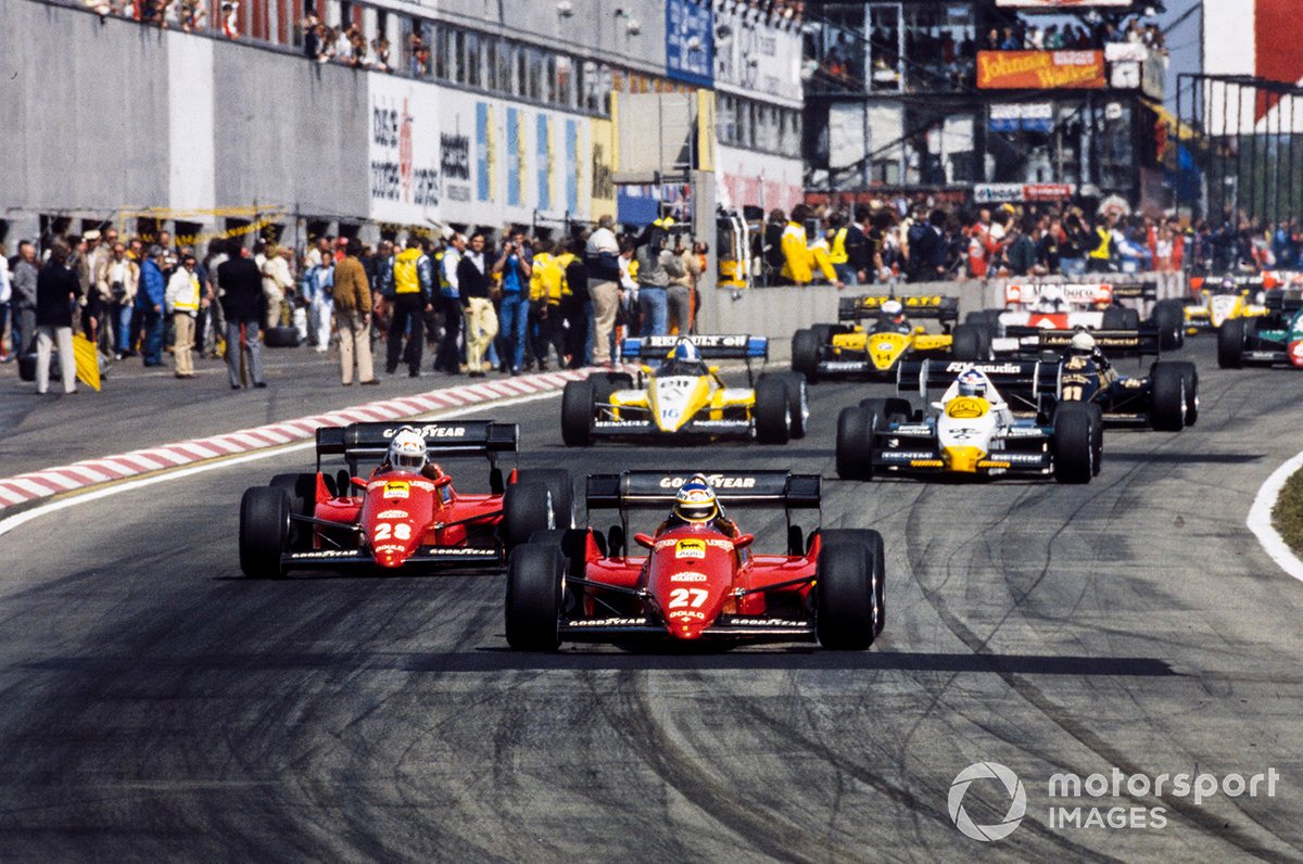 The start at Zolder ’84, and Alboreto is about to dominate. Behind him are teammate Arnoux, Keke Rosberg's Williams, Derek Warwick's Renault, the Lotus of Elio de Angelis and Manfred Winkelhock in an ATS. 