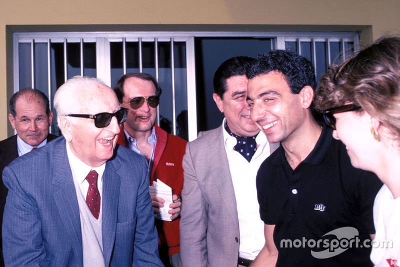 Michele greatly admired Enzo Ferrari but insisted he wasn't caught up in the marque's mystique. Team manager Marco Piccinini is in shades, while Michele is obscuring one of Enzo Ferrari's 'lieutenants', Franco Gozzi. Michele's wife Nadia is on the right of frame. 