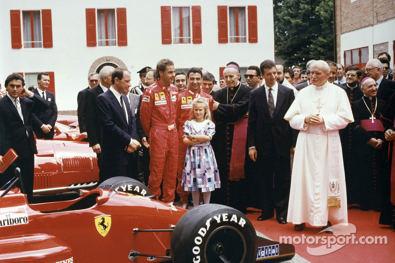 Pope John Paul II visited Maranello on June 4, 1988, but Enzo was too ill to attend and he would die on August 14, less than a month before Berger and Alboreto scored a Ferrari 1-2 at Monza. On the right of His Holiness in this image is Enzo's son, Piero Lardi Ferrari. 