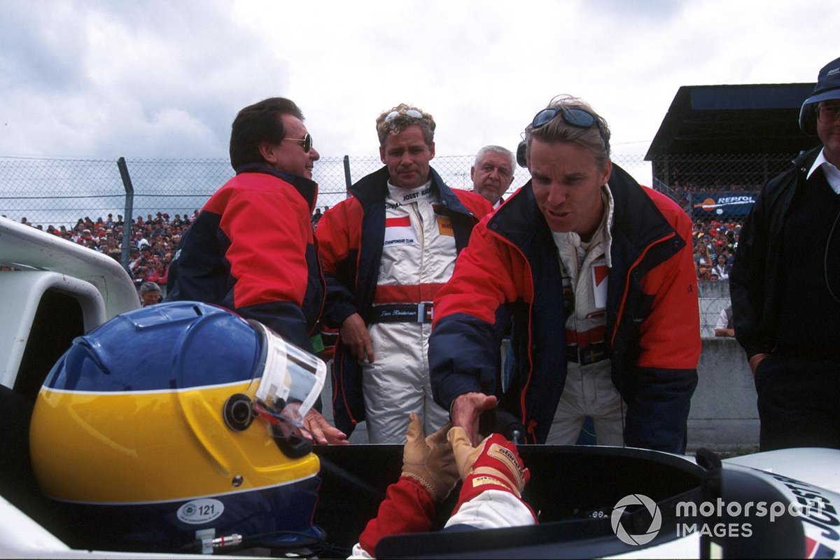 Johansson wishes longtime buddy and polesitter Michele good luck before the start of their ultimately victorious run in the 1997 Le Mans 24 Hours. Their co-driver and eventual LM24 legend Tom Kristensen looks on. Reinhold Joest is on the left. 