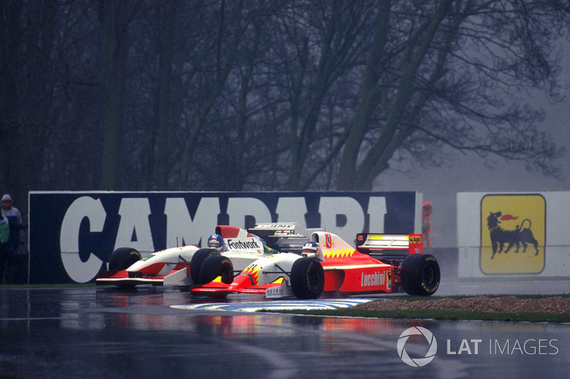 Poignant moment at Donington in 1993, as Alboreto in the hopeless Lola-Ferrari duels with his replacement at Arrows, Derek Warwick. 