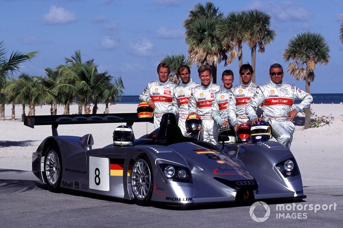 Joest's Audi R8 team for the 2000 American Le Mans Series: Frank Biela, Emanuele Pirro, Tom Kristensen, Allan McNish, Rinaldo 'Dindo' Capello, Michele Alboreto.