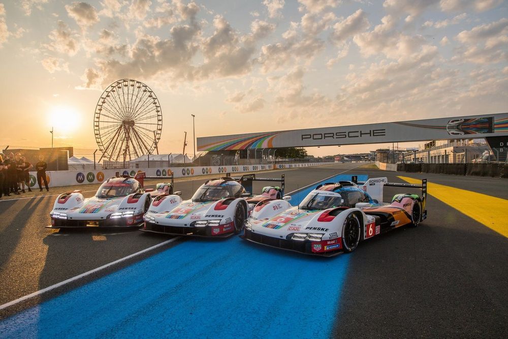 #75 Porsche Penske Motorsport Porsche 963 of Felipe Nasr, Mathieu Jaminet, Nick Tandy, #5 Porsche Penske Motorsport Porsche 963 of Dane Cameron, Michael Christensen, Frederic Makowiecki, #6 Porsche Penske Motorsport Porsche 963 of Kevin Estre, Andre Lotterer, Laurens Vanthoor