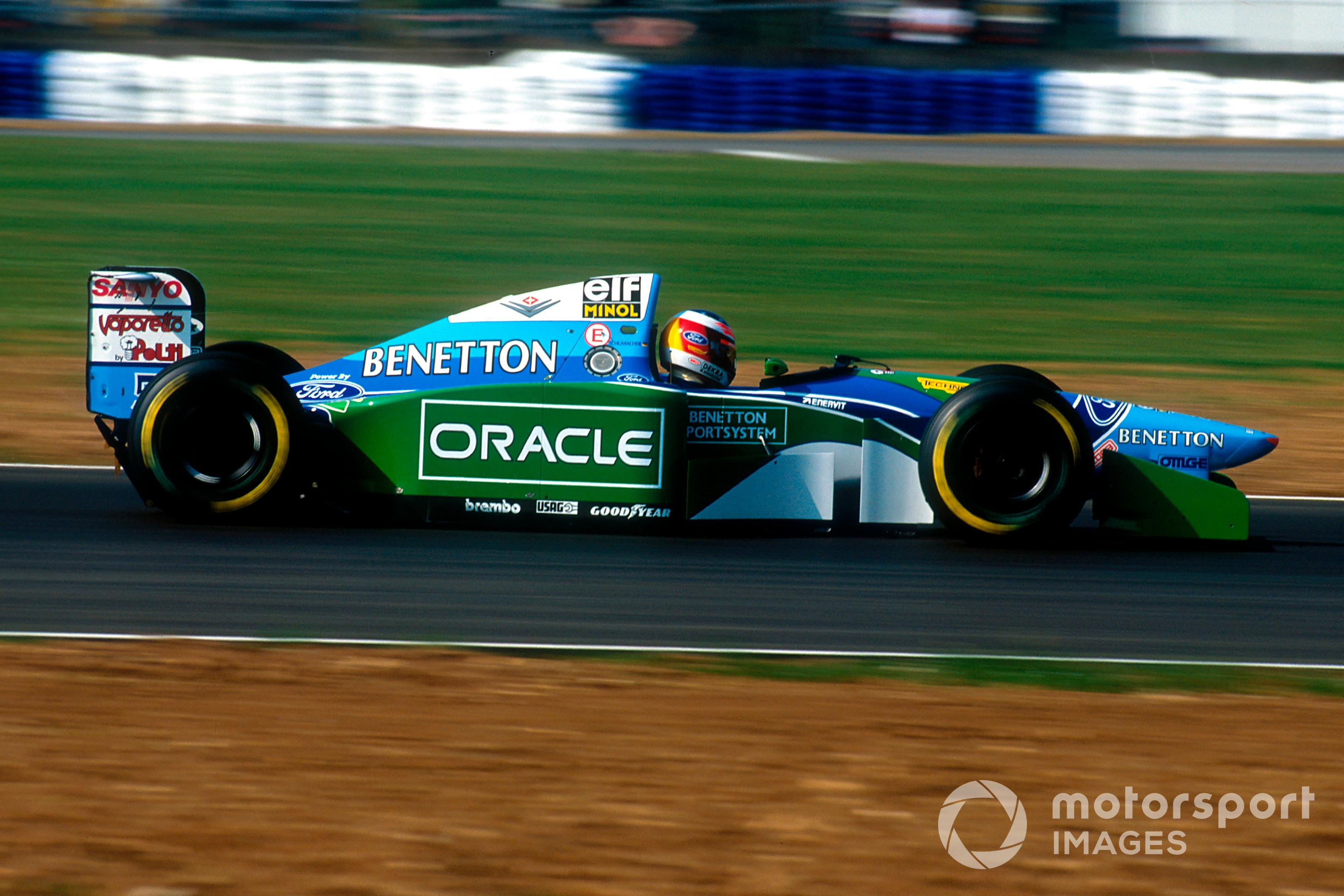 1994 British Grand Prix.
Silverstone, England.
8-10 July 1994.
Michael Schumacher (Benetton B194 Ford) 2nd position. He was later disqualified for overtaking on the formation lap.