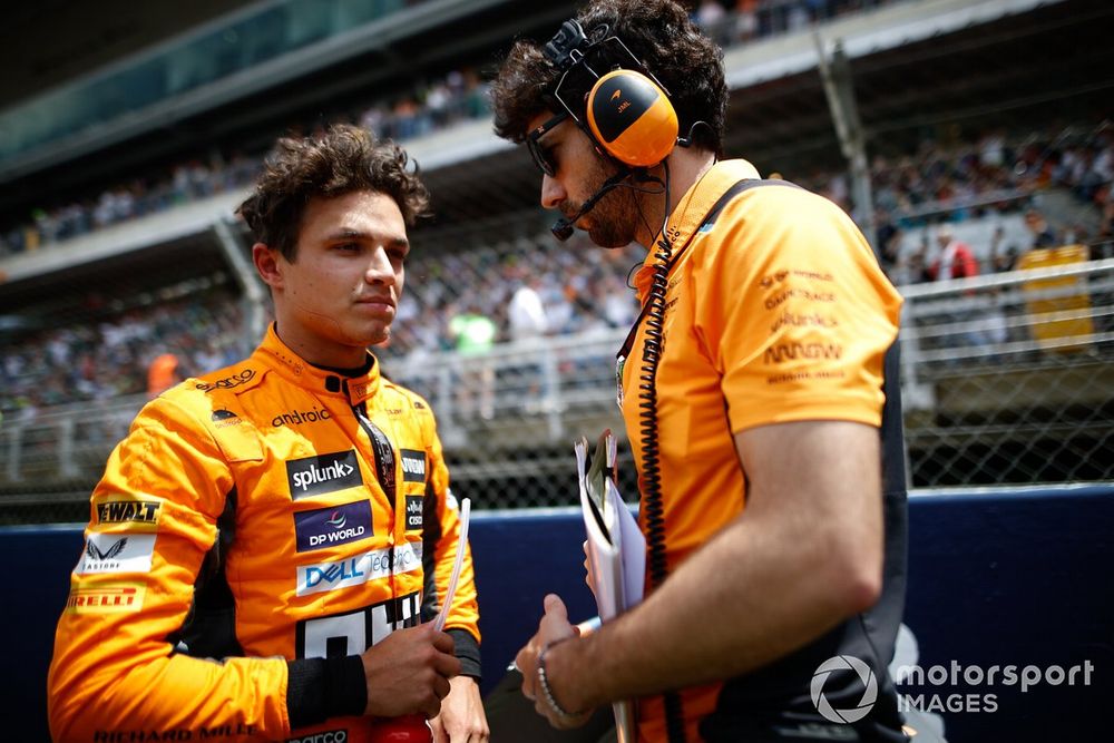 Lando Norris, McLaren, on the grid with his engineer