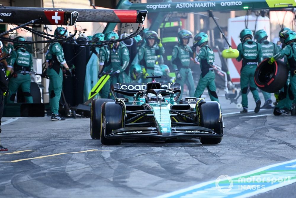 Lance Stroll, Aston Martin AMR23, leaves the pits after a stop