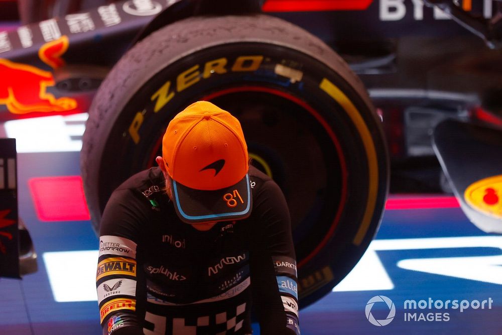 Oscar Piastri, McLaren, 2nd position, rests in Parc Ferme