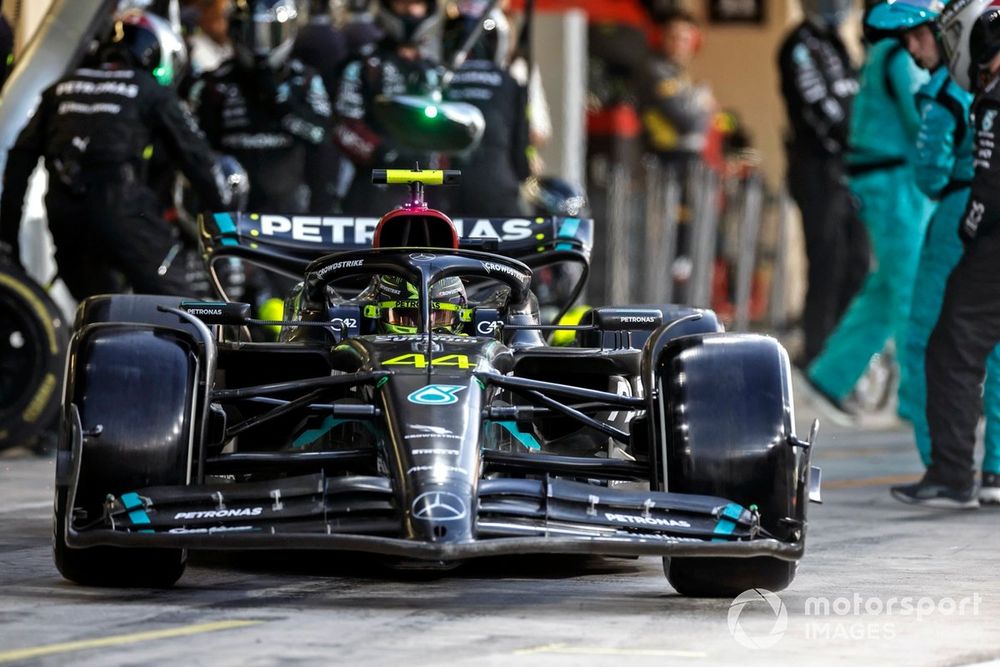 Lewis Hamilton, Mercedes F1 W14, makes a stop