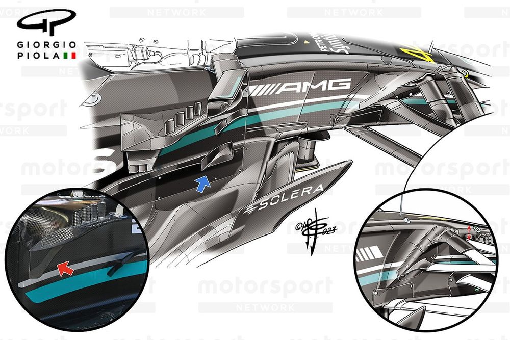 Mercedes W14 sidepods winglet detail