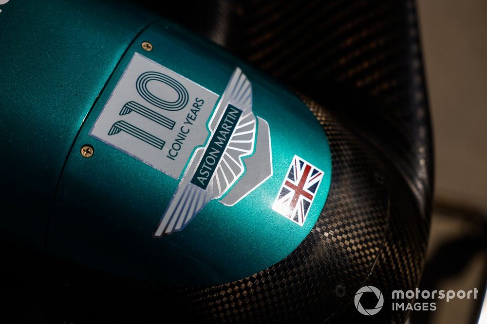 Logo on the nose of the Aston Martin celebrating 110 years of the marque