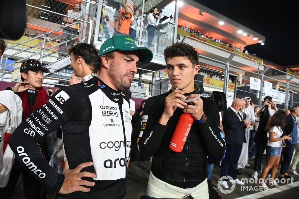 Fernando Alonso, Aston Martin F1 Team, Lando Norris, McLaren, on the grid
