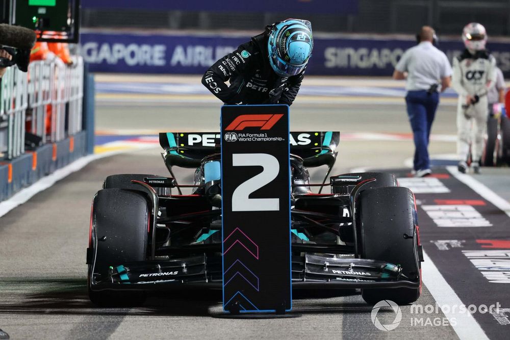 George Russell, Mercedes-AMG, in Parc Ferme after Qualifying