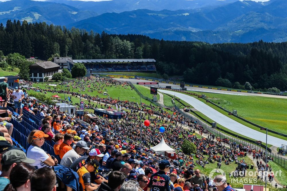 A scenic view of the Red Bull Ring, a spectator bank