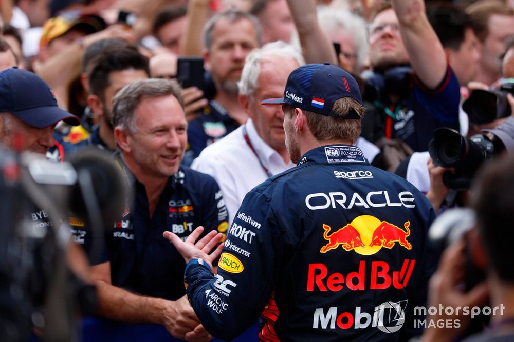 Christian Horner, Team Principal, Red Bull Racing,and Max Verstappen, Red Bull Racing, 1st position, celebrate in Parc Ferme