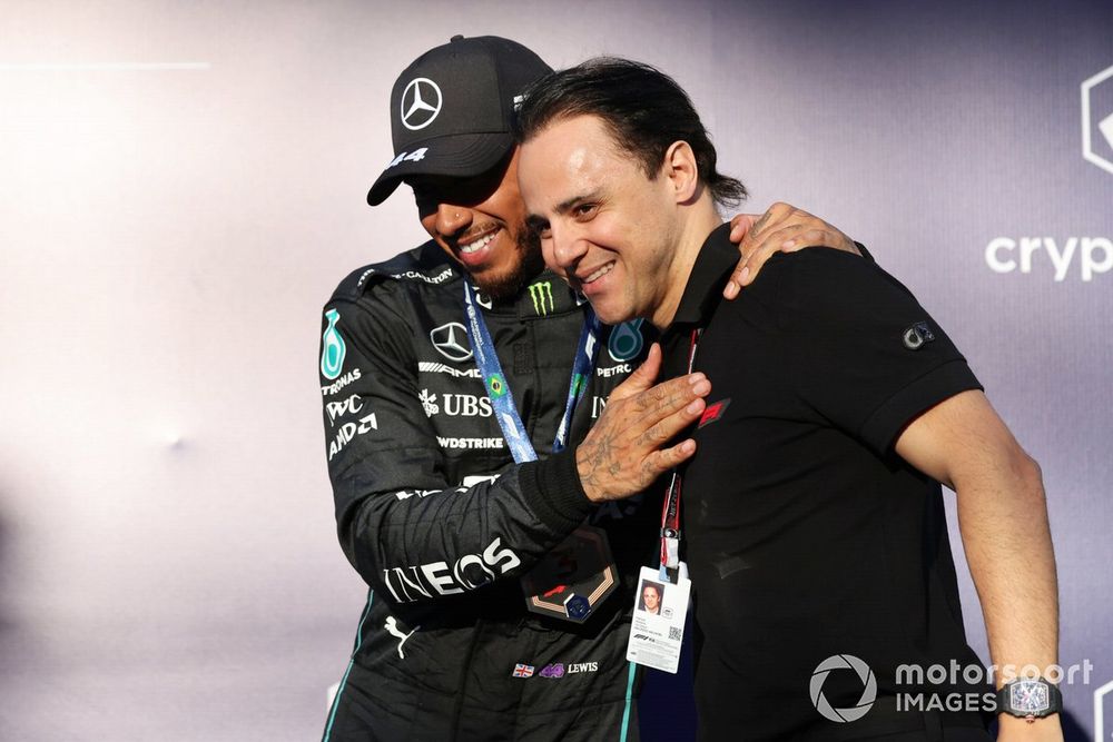 Lewis Hamilton, Mercedes AMG, celebrates 3rd position in the sprint race, with Felipe Massa