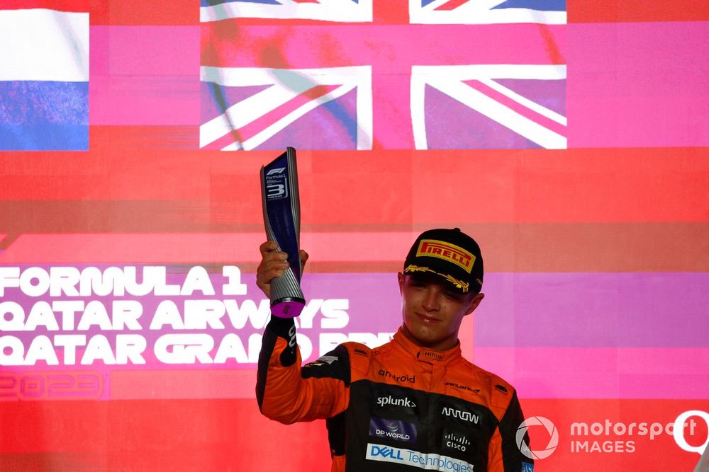 Lando Norris, McLaren, 3rd position, lifts his trophy
