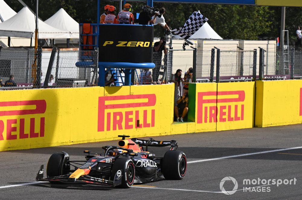 Max Verstappen, Red Bull Racing RB19, 1st position, takes the chequered flag