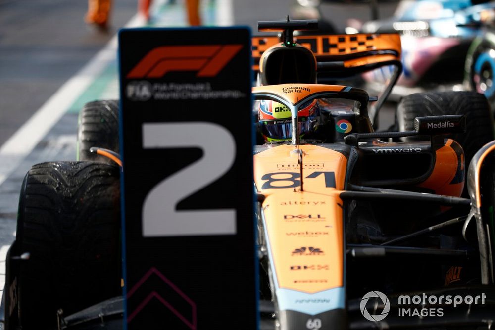 Oscar Piastri, McLaren MCL60, 2nd position, arrives in Parc Ferme after the Sprint