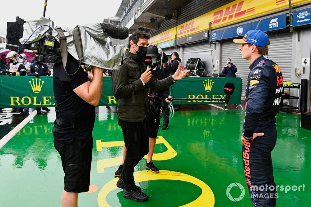 Mark Webber interviews pole man Max Verstappen, Red Bull Racing, after Qualifying