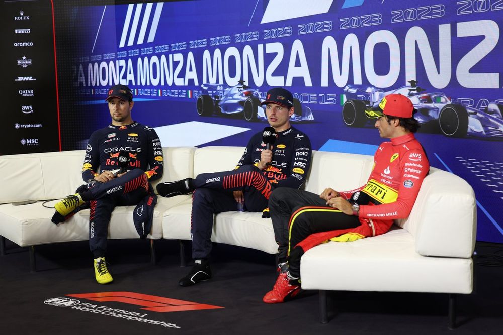 Sergio Perez, Red Bull Racing, 2nd position, Max Verstappen, Red Bull Racing, 1st position, Carlos Sainz, Scuderia Ferrari, 3rd position, in the Press Conference
