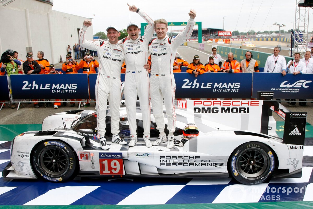 Nico Hulkenberg/Earl Bamber/Nick Tandy, Porsche 919 Hybrid celebrate in parc ferme at the 2015 Le Mans 24 Hours