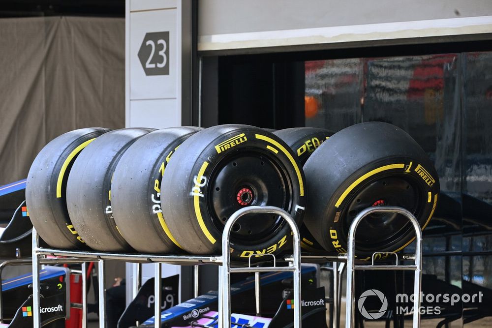 Pirelli tyres and wheels outside of the Alpine garage
