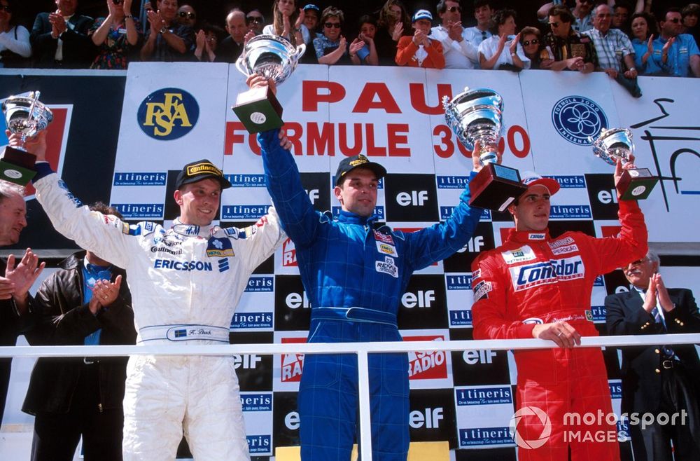 Victory at Pau in 1996 for Muller, flanked by Brack and Zonta, completed a hattrick of grandee single-seater wins