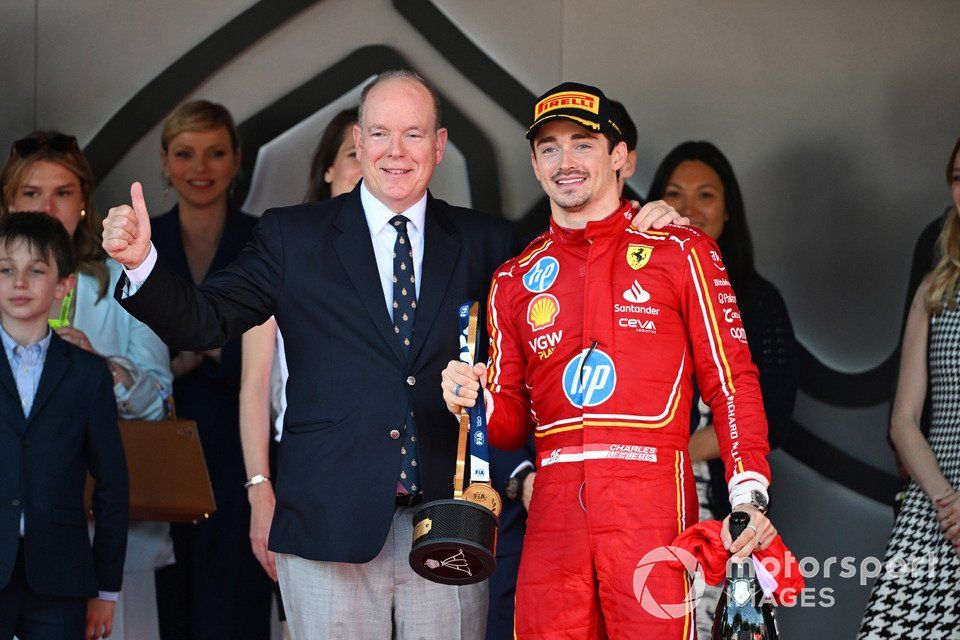 Prince Albert II of Monaco and Charles Leclerc, Scuderia Ferrari, 1st position, on the podium