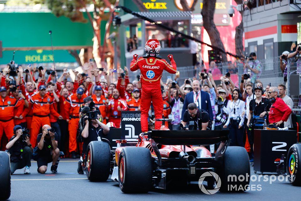 Charles Leclerc, Scuderia Ferrari, 1st position, celebrates on arrival in Parc Ferme