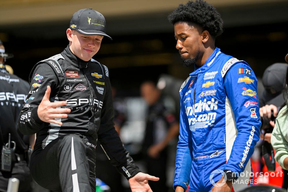 Connor Zilisch, Spire Motorsports, with Truck Series team-mate Rajah Caruth, who is backed by Rick Hendrick