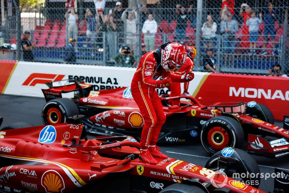 Charles Leclerc, Ferrari SF-24, 1st position, celebrates on arrival in Parc Ferme