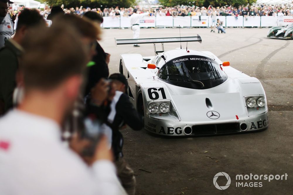 The rumbling Sauber-Mercedes C9 of Group C vintage is usually a crowd-pleaser at Goodwood