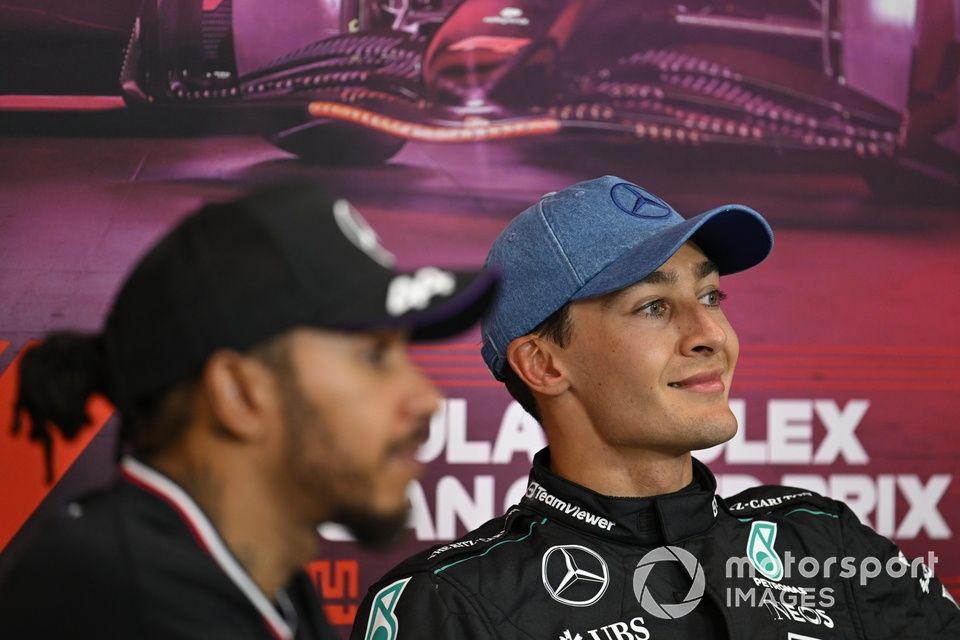 George Russell, Mercedes-AMG F1 Team, 1st position, Lewis Hamilton, Mercedes-AMG F1 Team, 2nd position, in the the post race press conference 