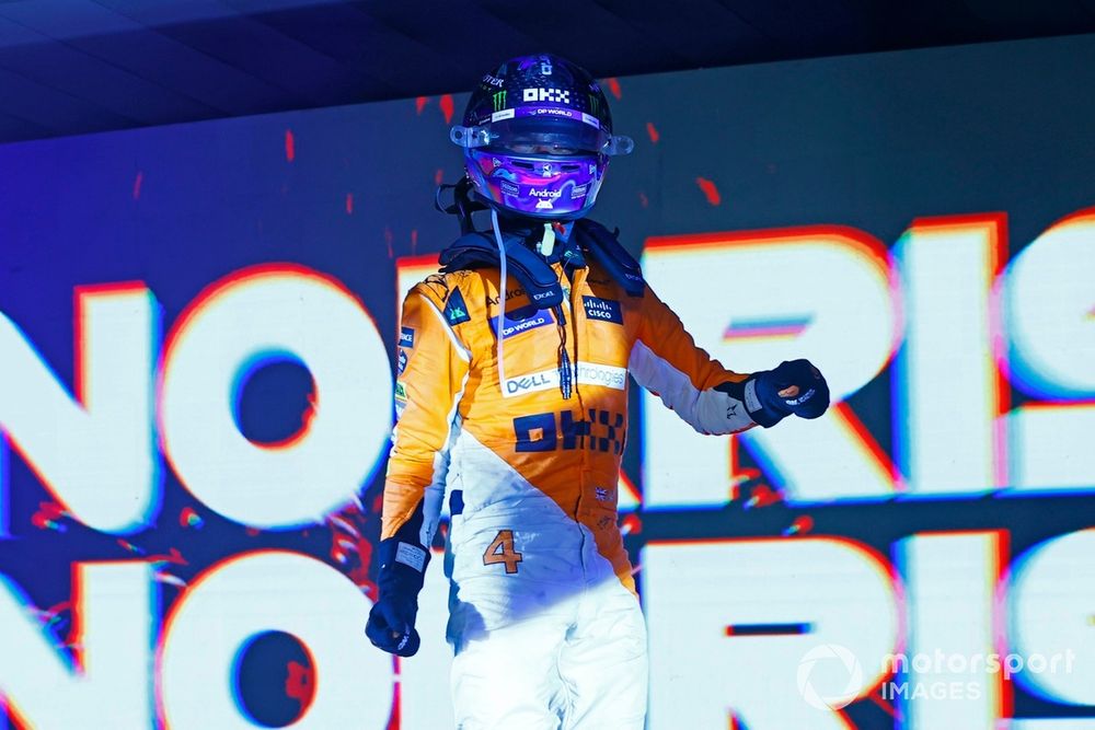 Lando Norris, McLaren F1 Team, 1st position, celebrates on arrival in Parc Ferme