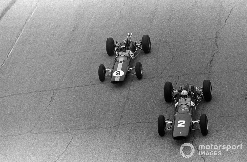 John Surtees, Ferrari 158, battles with Jim Clark, Lotus 25 Climax 