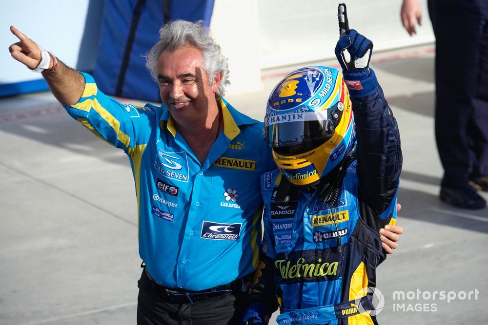 Flavio Briatore and Fernando Alonso, Renault F1 Team celebrate victory in parc fermé