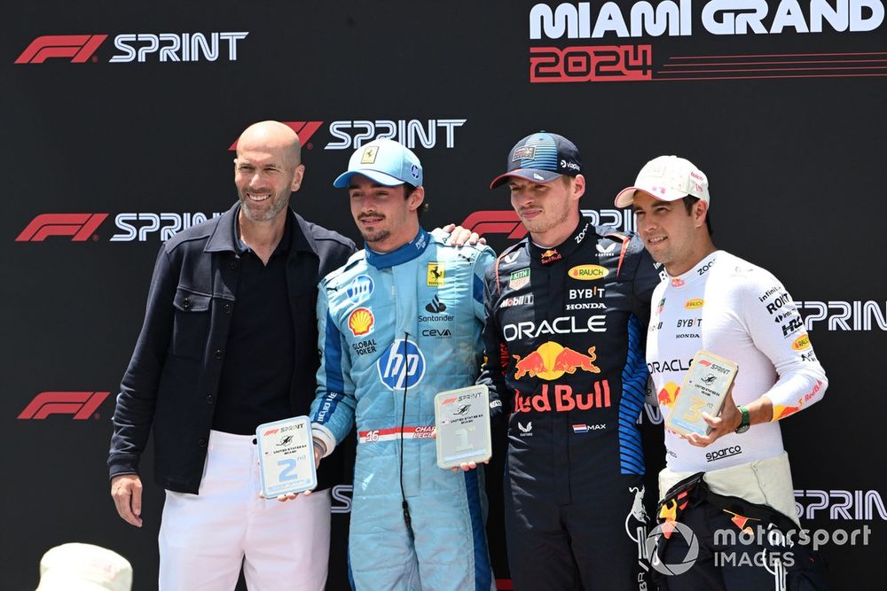 Sprint winner Max Verstappen, Red Bull Racing, Charles Leclerc, Scuderia Ferrari, Sergio Perez, Red Bull Racing, Zinedine Zidane, Football manager, in Parc Ferme 