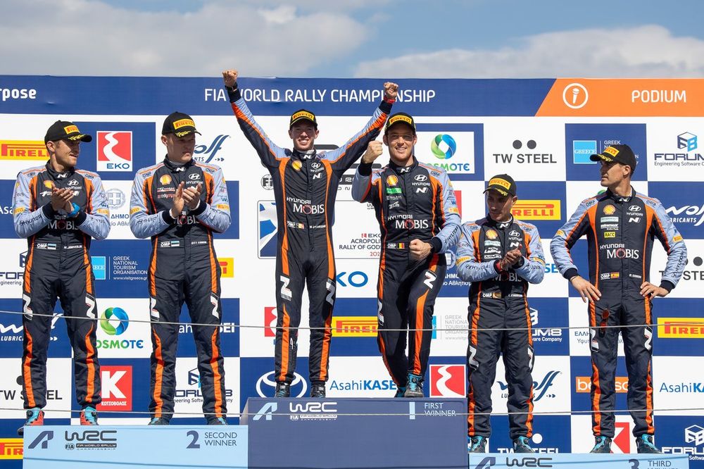 Podium: Winners Thierry Neuville, Martijn Wydaeghe, Hyundai World Rally Team Hyundai i20 N Rally1, second place Ott Tanak, Martin Jarveoja, Hyundai World Rally Team Hyundai i20 N Rally1, third place Dani Sordo, Candido Carrera, Hyundai World Rally Team Hyundai i20 N Rally1