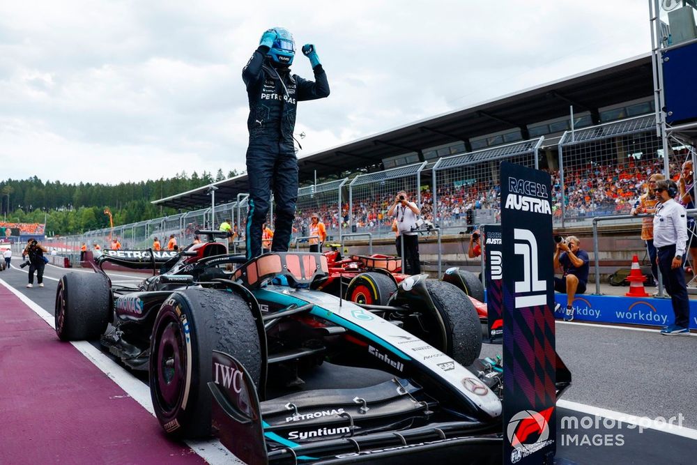 George Russell, Mercedes-AMG F1 Team, 1st position, celebrates on arrival in Parc Ferme